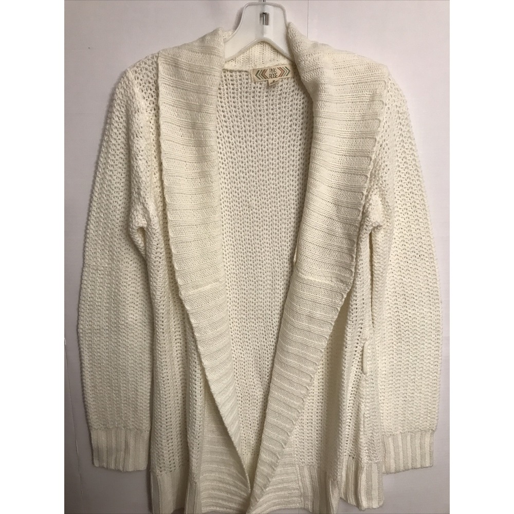 Pink Rose medium ivory shawl collar open crochet sweater cardigan